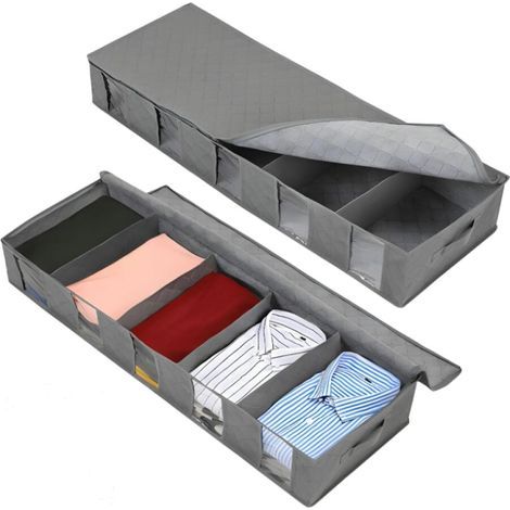 Lot de 2 boîtes de rangement pliables sous le lit avec séparateurs amovibles, résistant à la poussière, à l'humidité, pour couettes, couvertures, vêtements, organisateur de penderie (1/5)