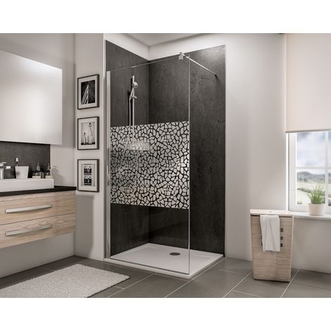 Paroi de douche à l'italienne, profilé aspect chromé, paroi fixe Walk In, NewStyle Schulte, traitement anticalcaire, décor Galets chromés, verre 5 mm, 100 x 190 cm