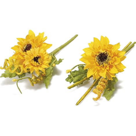 Piques tournesols artificiels en petit bouquet pour paquets avec feuilles et boutons, lot de 24, H. 7 cm (avec tige 13)