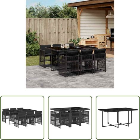 Gartentisch - 7-tlg. Garten-Essgruppe mit Kissen Schwarz Poly Rattan (1/5)