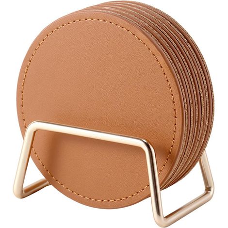 Juego de posavasos (paquete de 6 con soportes): posavasos de 9,9 cm (3,9 pulgadas), aptos para diversos vasos, ideales para la decoración del escritorio y del hogar (marrón). (1/4)