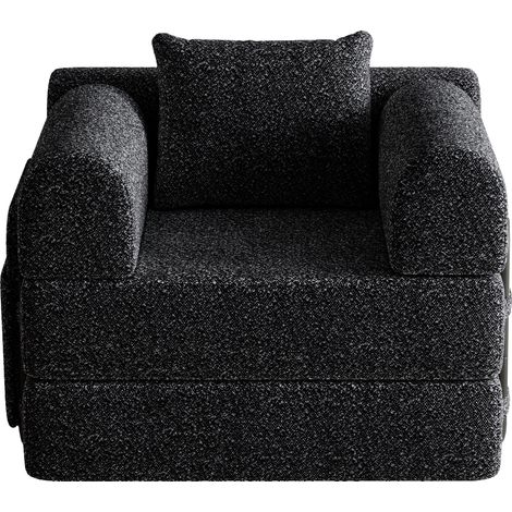 Sofá cama individual de chenilla negro con almacenaje en el reposabrazos y estructura metálica (1/5)