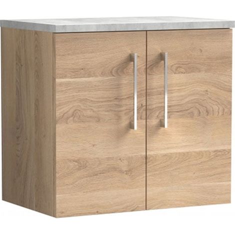 Nuie Arno Wall Hung 2-Door Vanity Unit with Bellato Grey Worktop 600mm Wide - Bleached Oak (1/4)