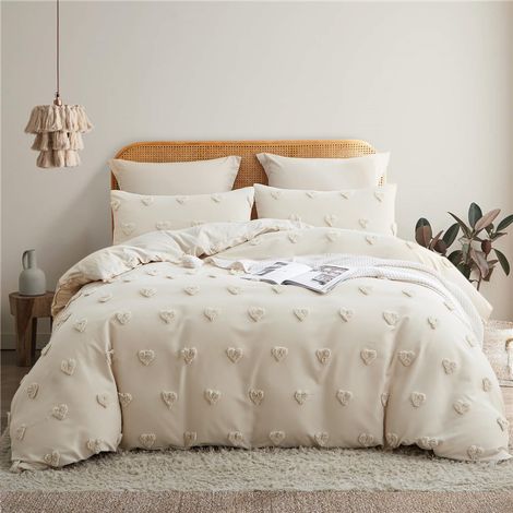 Parure de lit bohème 220 x 240 cm Beige Broderie Motif cœur (1/5)