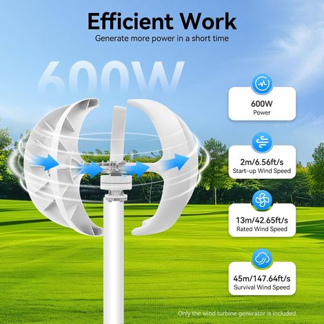 600W Moulin à vent vertical,Éolienne Verticale Générateur Énergie 24V Lanterne Nylon Blanc Usage Domestique Bateau Éclairage Solaire (1/5)