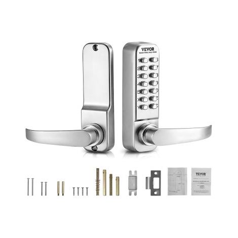 Cerradura de Combinación Mecánica con Teclado de Una Cara 14 Teclas, Cerradura de Puerta sin Llave con Manija Adecuado para Puertas de 35 a 65 mm de Grosor para Oficina, Patio, Plateado (1/5)