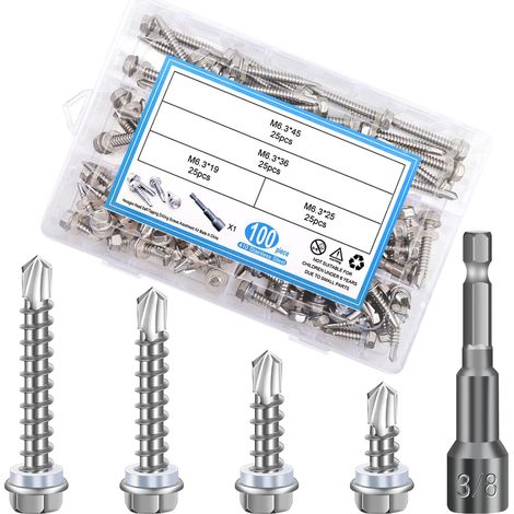 Lot de 101 vis auto-taraudeuses à tôle trapézoïdale 6,3 x 19 25 36 45 mm Vis à tête hexagonale avec rondelle d'étanchéité en acier inoxydable (1/5)