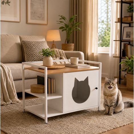 Meuble pour litière chat avec 2 étagères ouvertes, table d’appoint compacte, MDF et métal blanc chêne clair (1/5)