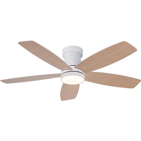 Ventilateur de plafond LED à profil bas, 5 pales réversibles blanc et bois naturel, télécommande (1/5)