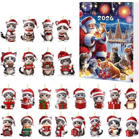 Calendrier de l'Avènement du Chat de Noël, Boîte Surprise, Ornement Chat en Acrylique, Décoration de Sapin de Noël, Coffret Cadeau (Type A) (1/5)