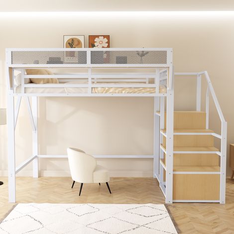 Lit mezzanine 140x200cm - lit enfant avec rangement et escalier, rmoir, cadre de lit en métal, antichute - Blanc