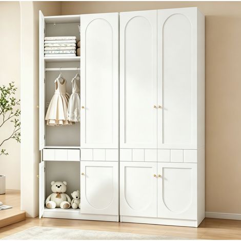 Armadio guardaroba in MDF bianco, set da 2, 2 ante, cassetti push-open e barra appendiabiti, 80 x 50 x 200 cm (1/5)