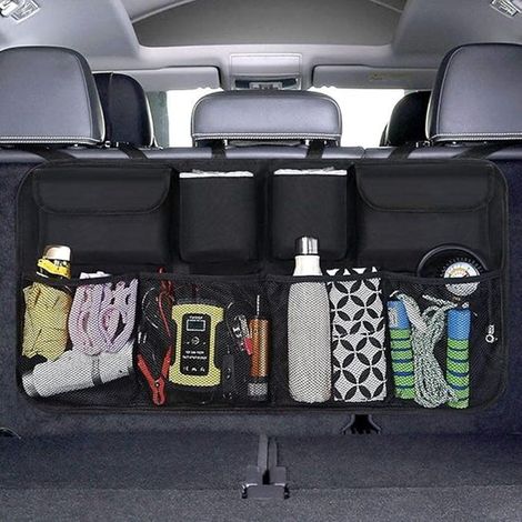 Organizador de maletero de malla con 8 bolsillos, correa ajustable y 3 correas de sujeción, organizador para niños, apto para SUV y MPV. (1/5)