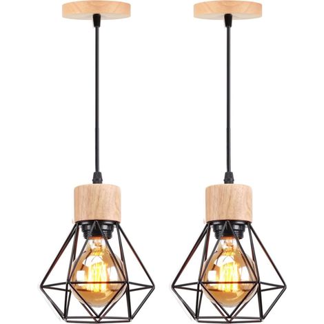 E27 Lampes Suspension Industrielle Vintage Lustre Suspension en Métal Cage et Bois Ø15,5CM Noir - 2Pcs (1/4)