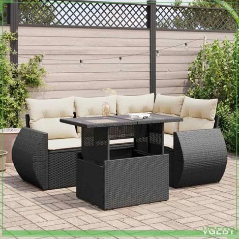 Salon de jardin - 3326627 - Résine tressée noir - Rangement étanche sous assise - Table réglable verre trempé (1/5)