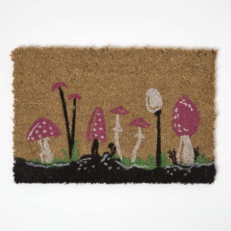 HOMESCAPES Kokos-Fußmatte rutschfest mit Fliegenpilz-Motiv, 40 x 60 cm