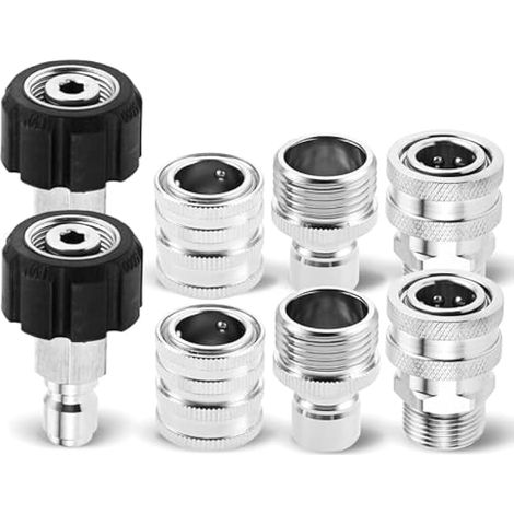 Kit de 8 adaptateurs pour nettoyeur haute pression en acier inoxydable – Raccord rapide M22-14 vers 3/8" et connecteurs métriques 3/4" vers 1/2" pour pistolet, flexible et robinet de jardin
