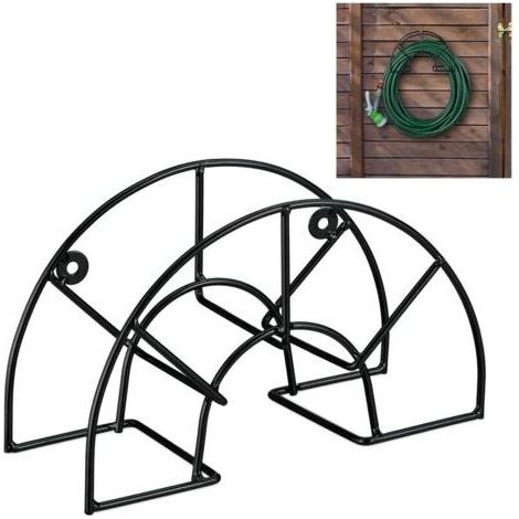 Support tuyau d’arrosage, pour 45 m & 5/8", enrouleur, dévidoir, acier, montage mural, rond, jardin, noir (1/5)