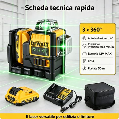 DEWALT DW089LG Livella Laser 360 Autolivellante Kit Batteria Li-ion 12V e Caricabatterie Lunga Autonomia