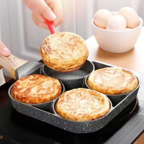 Padella antiaderente per uova fritte e hamburger con 4 scomparti, ideale per uso domestico e professionale.