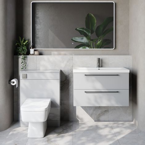Napoli 390 Cento Gloss Grey Pearl 1400mm Wall Mounted 2 Drawer Vanity Unit and Toilet Suite with Glide Basin - 1400mm - Gunmetal Grey 480mm HandleWith Kingston Toilet Pan and Seat