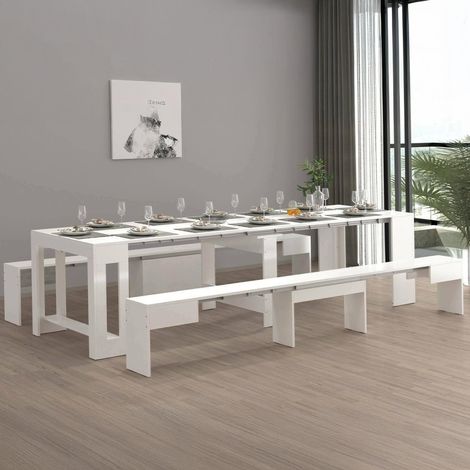 Ensemble Table et chaises Eric, Composition Polyvalente, Ensemble avec Console et 2 bancs Extensibles, 66x25h45 cm, Blanc Brillant (1/5)