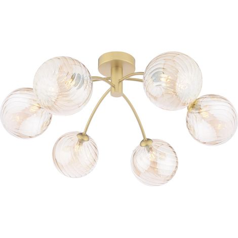 Dar Izzy Plafonnier semi-encastré Izzy 6 Light or mat avec verre ambré torsadé