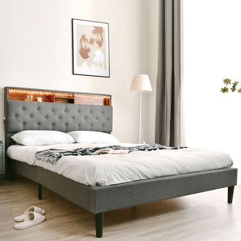 Lit double capitonné avec tête de lit de rangement et éclairage LED, cadre de lit en bois avec sommier à lattes, 140200CM, gris (sans matelas) (1/5)