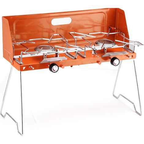 Réchaud gaz portable 2 brûleurs orange, cuisinière extérieure pliable en alliage d'aluminium pour camping pique-nique (1/5)