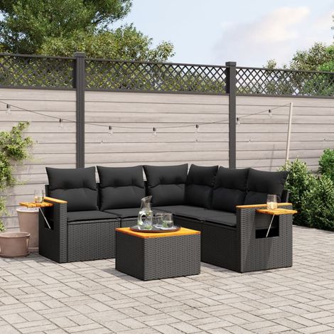 6-tlg. Garten-Sofagarnitur mit Kissen Schwarz Poly Rattan (1/5)
