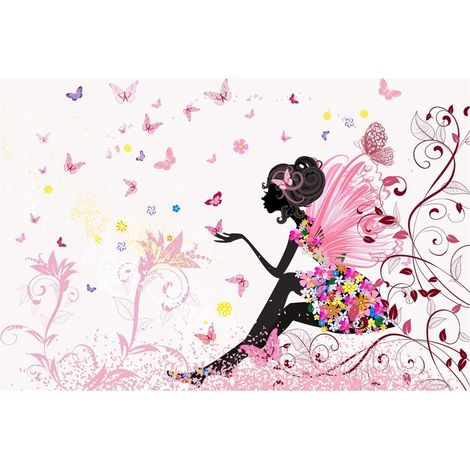 Papier peint rose fée papillons fleurs décoration murale pour enfants – 200 x 140 cm Wallarena