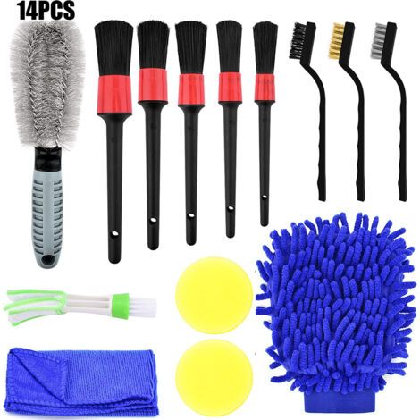 Lot de Brosse Nettoyage Voiture, 14 PCS Kit de Brosse Nettoyage Voiture Multifonctionnelle pour Intérieur & Extérieur, Kit de Nettoyage Brosse de Voiture pour Voiture Beauté/Moteur/Roue/Panneaux (1/5)