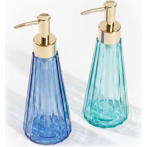 Relaxdays Soap Dispenser Set of 2, 320 ml, Refillable Glass, Soap & Shower Gel, Bathroom & Kitchen, Gold Pump Green/Blue