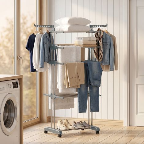 Séchoir linge pliable 4 niveaux roulettes étendoir ailes latérales cadre acier gris, discret (1/4)