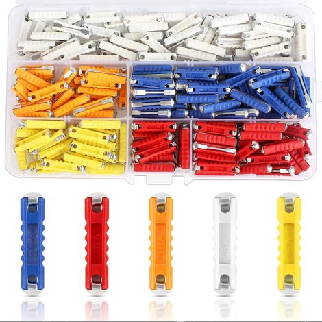 Fusibles torpilles, lot de 200 pour motos classiques, avec boîte de rangement et fusibles continentaux (5A/8A/10A/16A/25A), multicolores. (1/5)