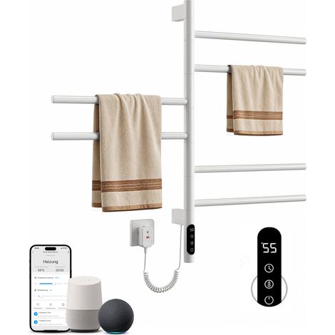 Heilmetz Sèche-serviettes électrique connecté WiFi pivotant 180°, 135W, Blanc, 6 modes de chauffage, IP45 (1/5)