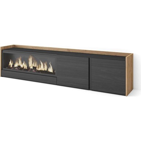Mueble TV Maro-01 de 212x50x35 cm con chimenea eléctrica XXL, color negro y roble (1/4)