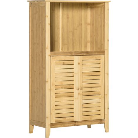 Beyamis Badezimmerschrank, freistehendes Regal mit 2 Lamellentüren, offenes Regal, Bambus, Aufbewahrungsschrank, Möbel für Bad und Wohnzimmer, 50 x 25,5 x 92 cm, Natur