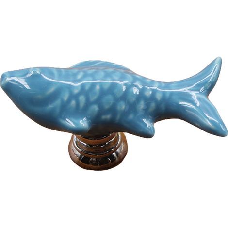 Blue ceramic fish-shaped drawer handle for furniture and cabinets (1/3)