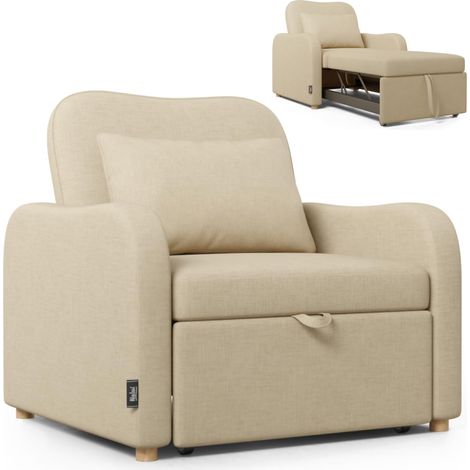 Canapé lit 1 Place 3 en 1 avec Dossier réglable 2 Positions et Oreiller, supporte jusqu'à 200 kg, Fauteuil de Relaxation inclinable avec accoudoirs, Beige (1/5)