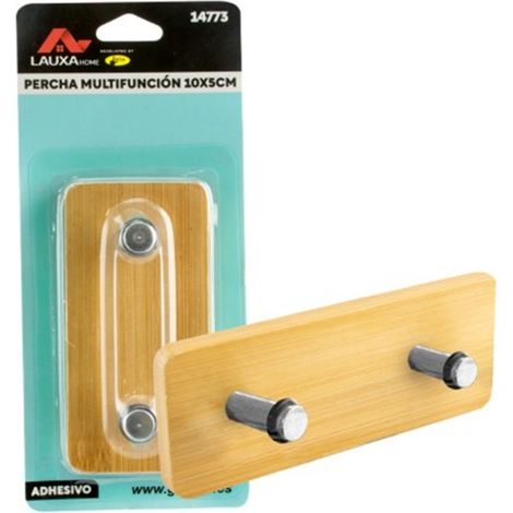 Percha Multifunción Adhesiva Bambú + Inox Lauxa Home 10x5cm - 2 Colgadores