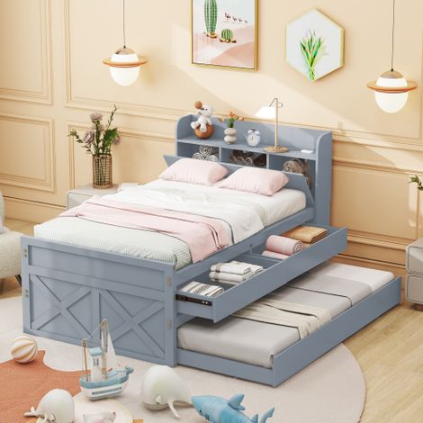 Okwish – Lit gigogne enfant 90x190 cm – Tiroirs coulissants – Sommier à lattes – Prise USB – Pin massif gris
