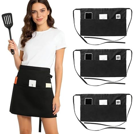 CCYKXA Dreiteilige Kochschürze mit drei Taschen, wasserdicht, schwarz, kurz, für Damen und Herren, Kellner, Köche, Küche, Bistro, Restaurant, Café