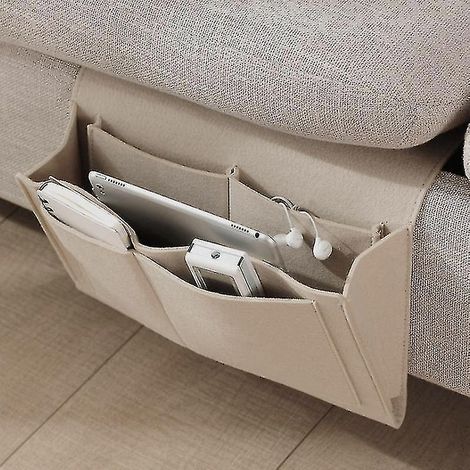 Sac de rangement en feutre beige avec poches, à suspendre au lit, au canapé ou au bureau, pour téléphone et magazines. (1/5)
