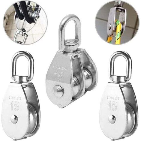 3PCS Poulie Double inox pivotant Double poulie,Poulie de Levage Rouleau de Chargement,Poulie en Acier Inox,Poulie Simple Bloc,Poulie Simple en Acier Inoxydable,Poulie de levage M15 (1/4)