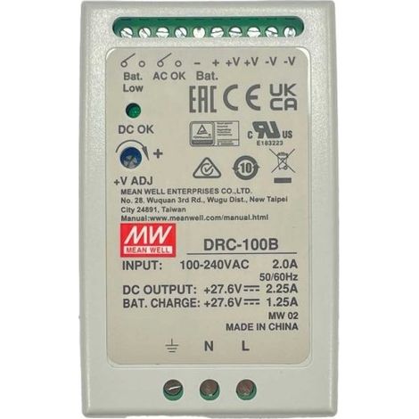 MW MEAN WELL DRC-100B Alimentatore AC/DC 100W montaggio Su Guida DIN con Funzione di Carica Batteria (UPS) Output 24-30Vdc at 2.25A e 27.6Vdc at 1.25A