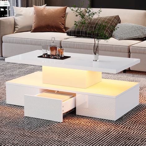 Couchtisch aus Spanplatte in Weiß Hochglanz 100 cm mit LED, 1 Schublade und offenem Fach
