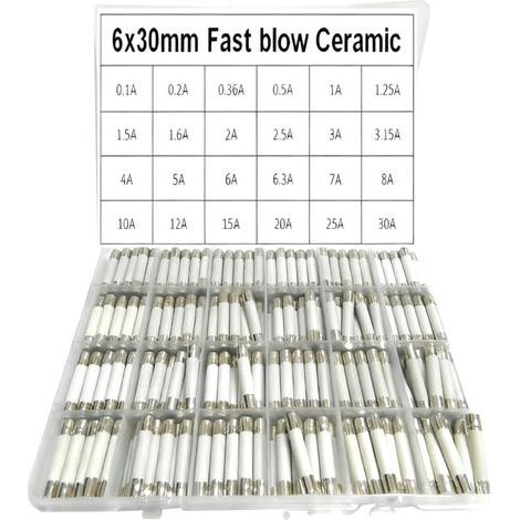Lot de 240 fusibles à tube en céramique à soufflage rapide, 6 x 30 mm, 0,1 A-30 A, 250 V - Fusibles ménagers mixtes pour appareils électroniques britanniques CVC (1/5)