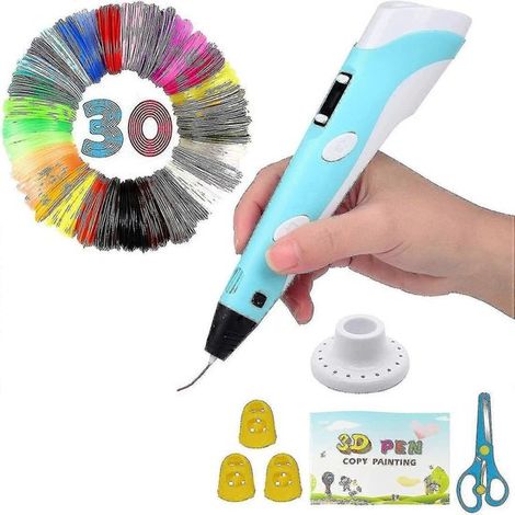 Lápiz de impresión 3D para niños, modelo USB con área de uso de 3 m x 30 colores + pequeño libro de dibujo + 3 fundas para dedos + tijeras, azul (1/2)