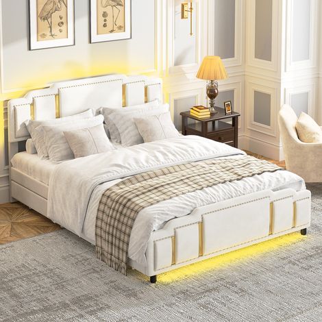 letto matrimoniale 140x200 con cassetti LED beige HAVRYA (1/5)
